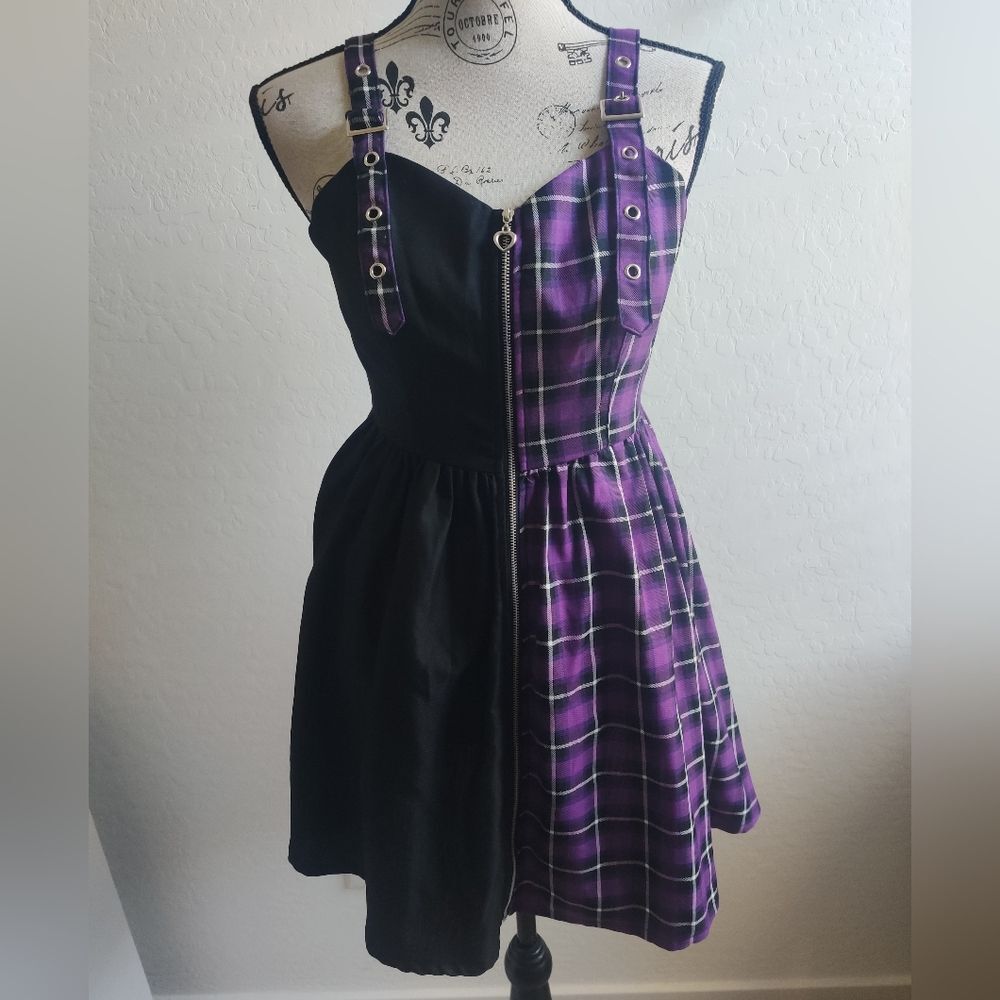 Hot Topic Black & purple dark academia plaid Whimsygoth punk zip up dress_Small